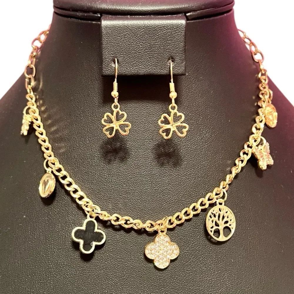 Gold Black And Crystal Clover Butterfly Heart Charm Necklace and Earring Set